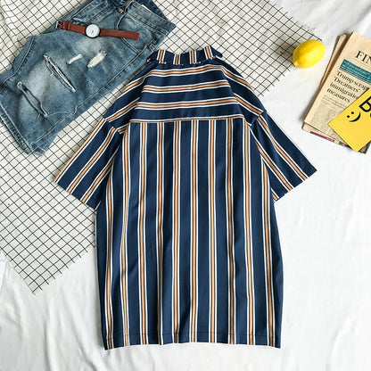 Contrast striped short sleeve loose shirt