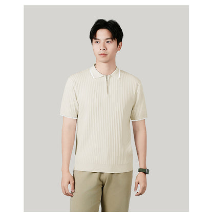 Men's Half-zip Ice Silk Knitted Lapel Vertical Striped Top