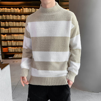 Half High Collar Pullover Striped T-Shirt