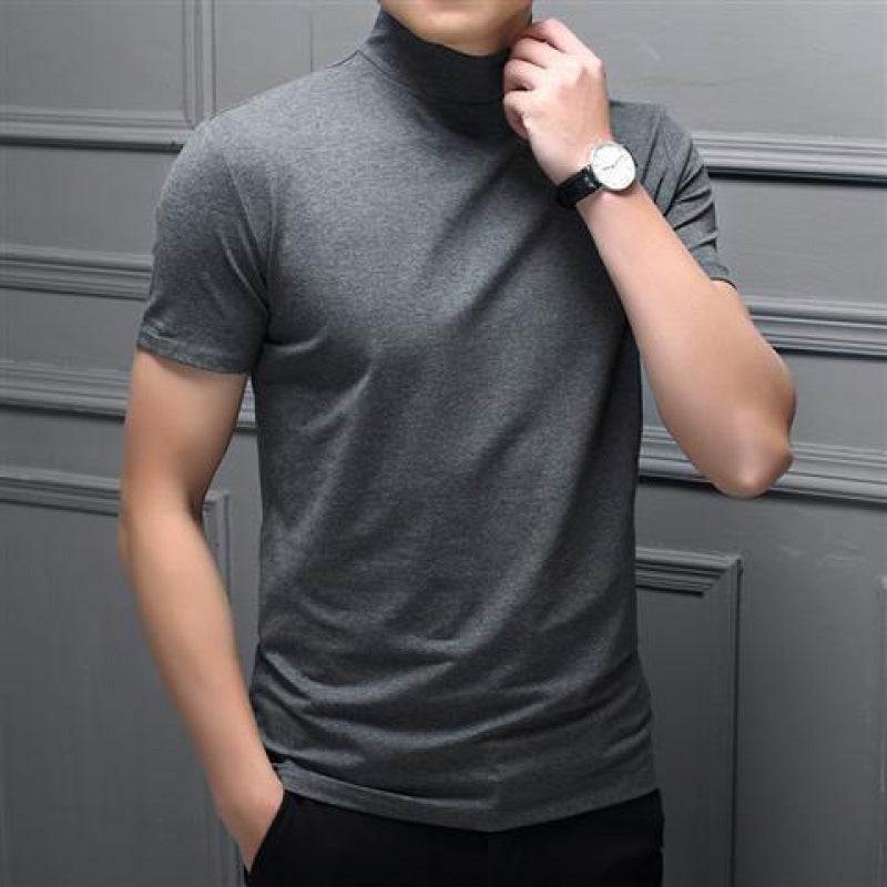 Spring Summer Men Half Turtleneck Mercerized Cotton Short Sleeves