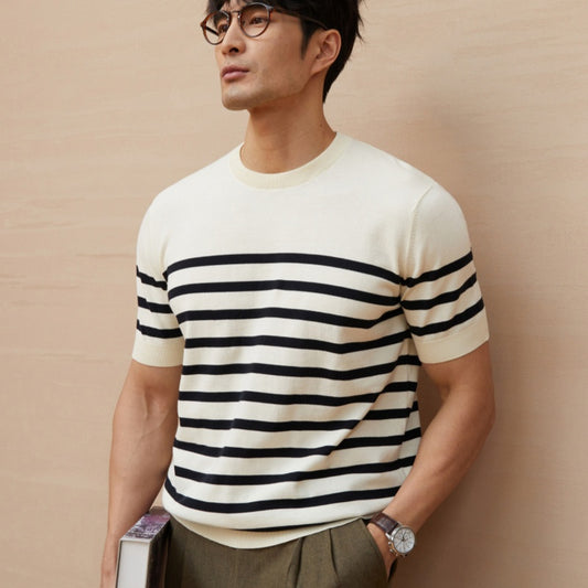 Summer Short-sleeved Knitted Sweater Men's Striped Light Luxury Business Casual
