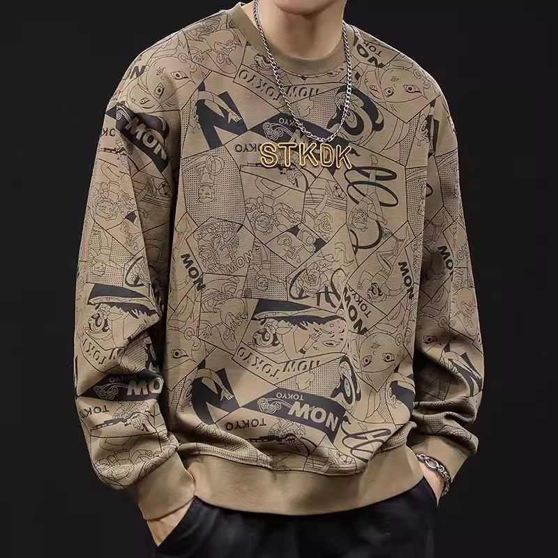 Round Neck Print Sweatshirt Long Sleeve Men's