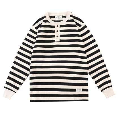 Men's Retro Henry Collar Striped Washed Cotton Long-Sleeve T-Shirt