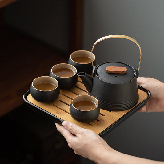 Black Pottery Handle Pot Tea Set One Pot And Four Cups With Tray