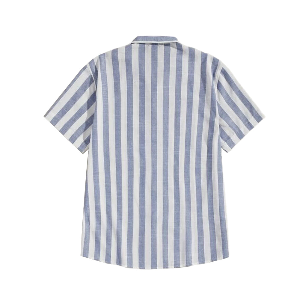 Street Style Cotton And Linen Striped Lapel Button Short Sleeves