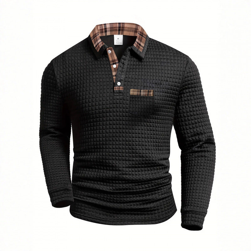 Men's Casual Solid Color Patchwork Pocket Collar Long Sleeve Polo Shirt