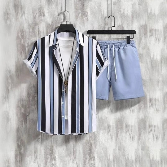 Striped Contrast Color 3D Printing Vacation Shirt Shorts 2 Pieces Suit