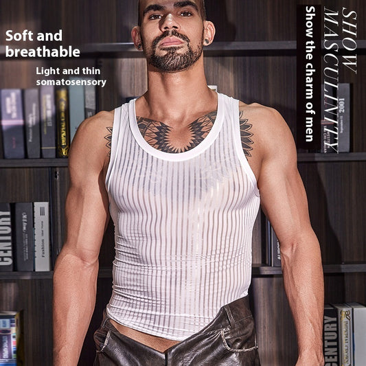 Men's Cross-strap Vest Striped Thin High Elastic Skin-friendly Top