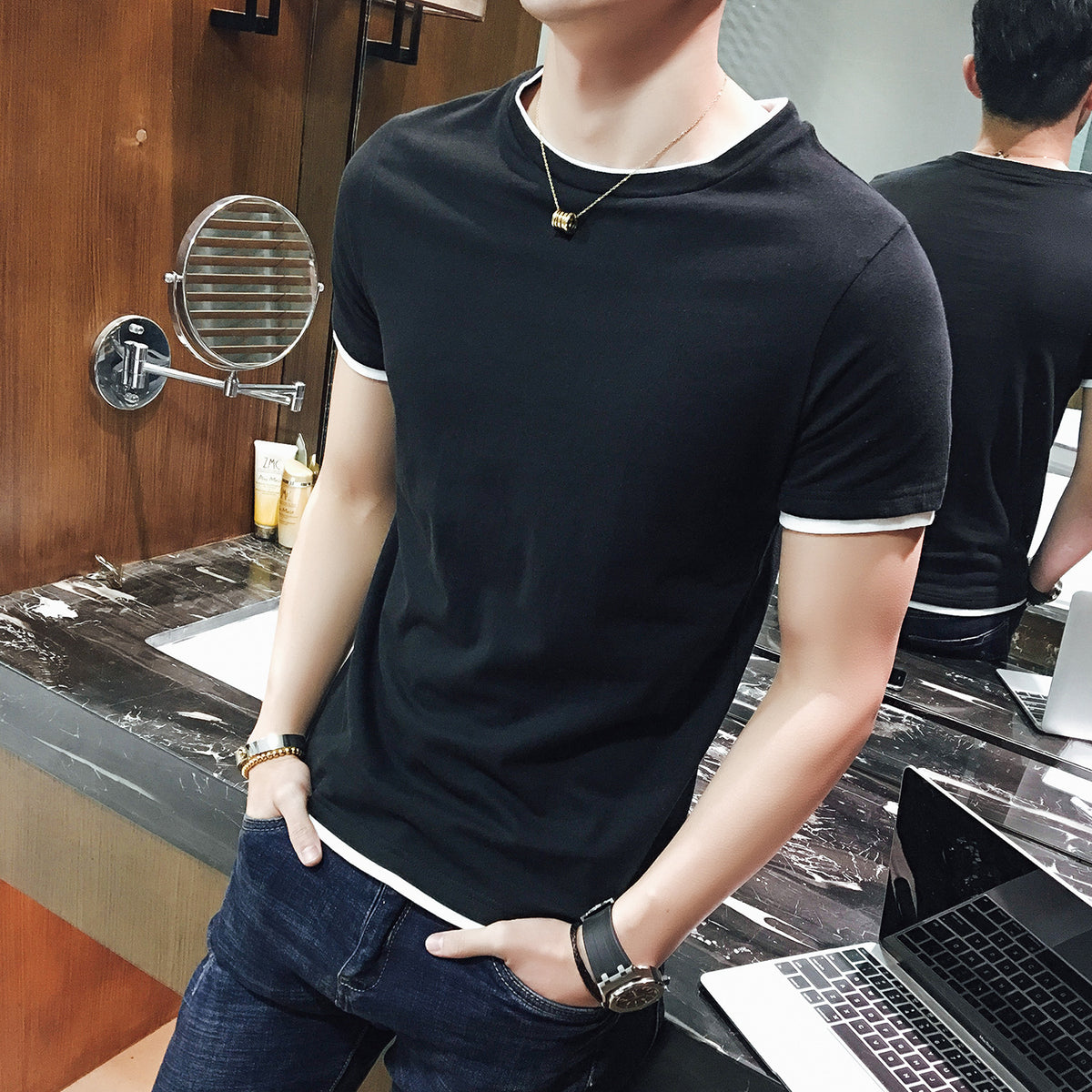 Round neck fake two piece Jersey short sleeve