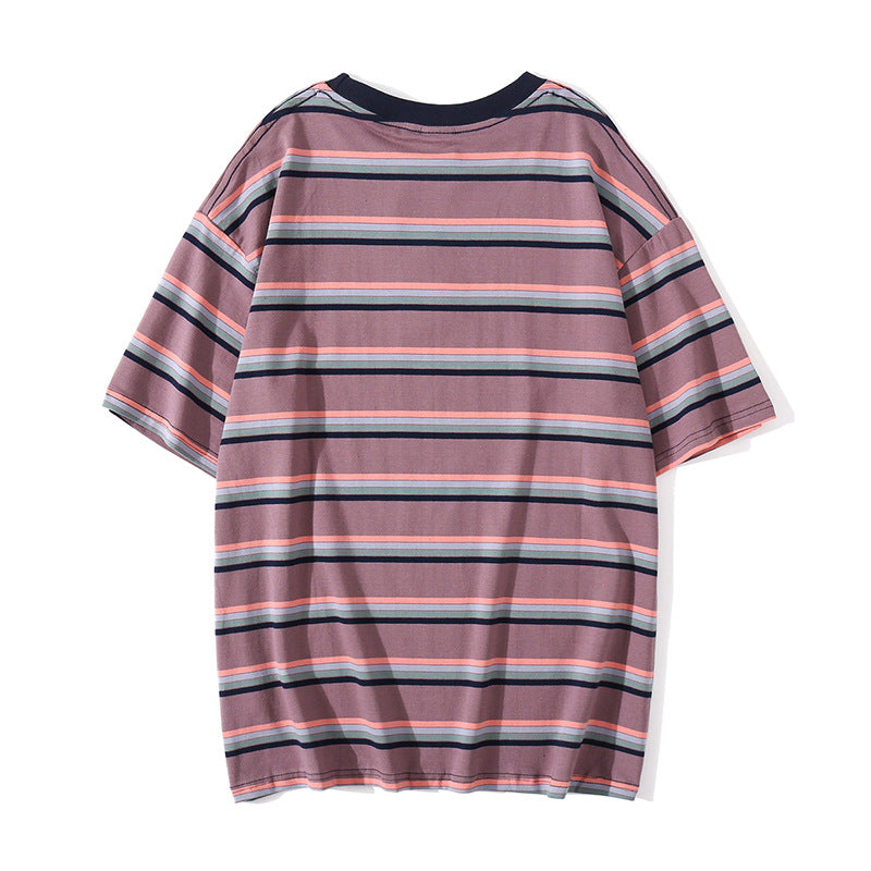 Simple striped loose short sleeve couple T-shirt