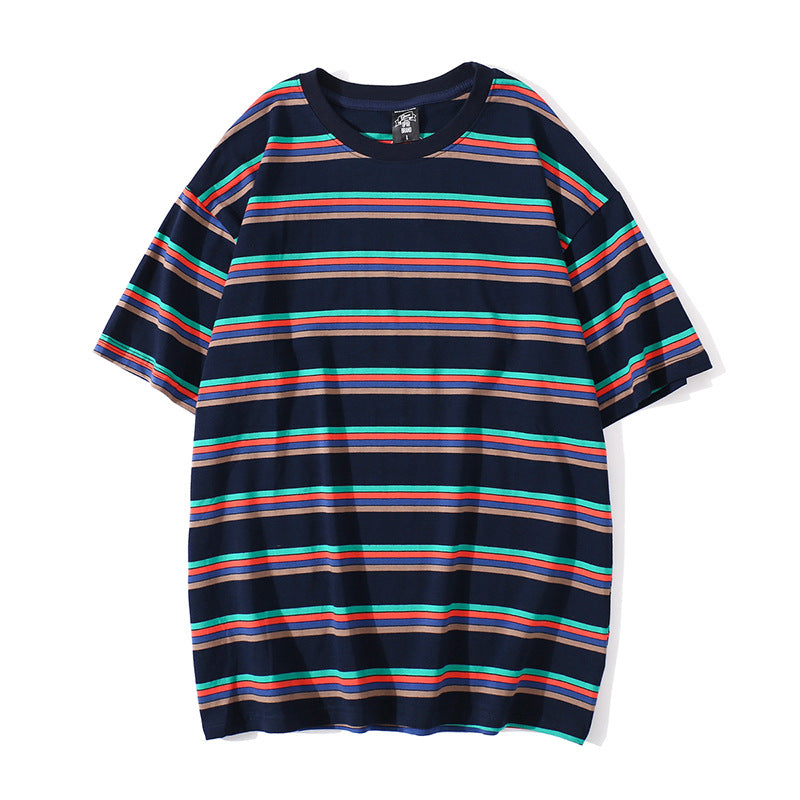 Simple striped loose short sleeve couple T-shirt