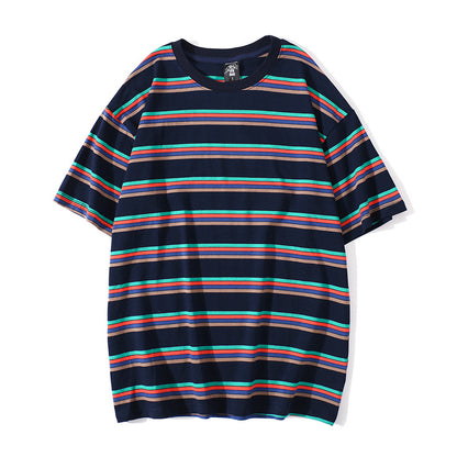 Simple striped loose short sleeve couple T-shirt