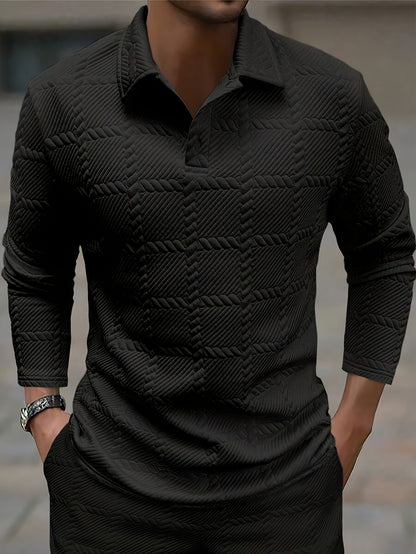 Mens Solid-Color Lapel Front-Button Long-Sleeve Polo Shirt