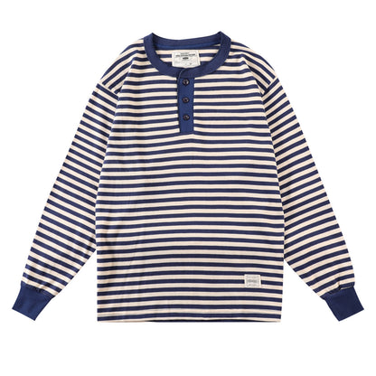 Men's Retro Henry Collar Striped Washed Cotton Long-Sleeve T-Shirt
