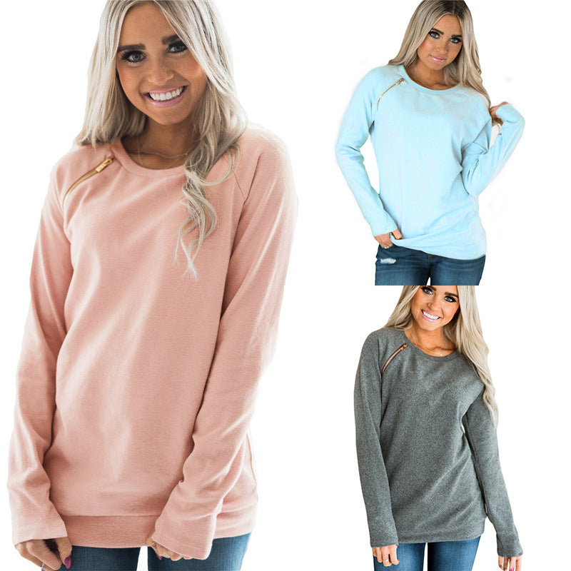 Long-sleeved solid color round neck sweater ladies top