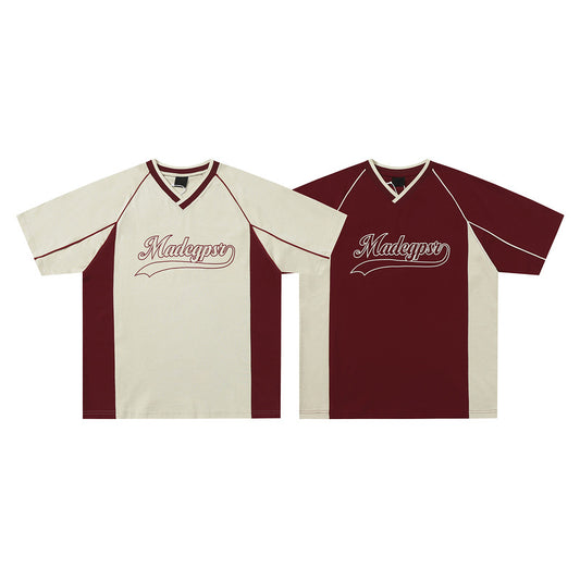 Short-sleeved Men's Summer Color Contrast Patchwork Loose T-shirt Couple Letters Top