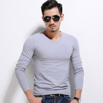 Men's Slim V-neck Bottoming Shirt Solid Color T-shirt