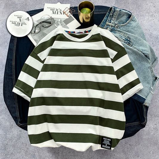 Men's Striped short sleeve T-shirt fat trend to add fat