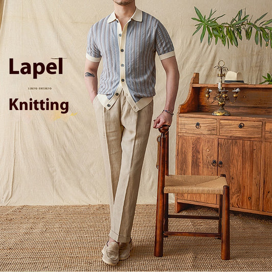 Summer Lapels Striped Jacquard Stitching Knitwear Short Sleeve Men
