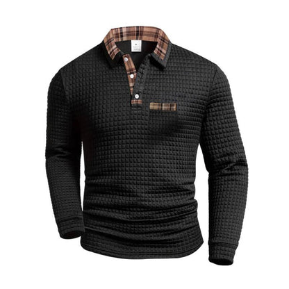 Men's Casual Solid Color Patchwork Pocket Collar Long Sleeve Polo Shirt
