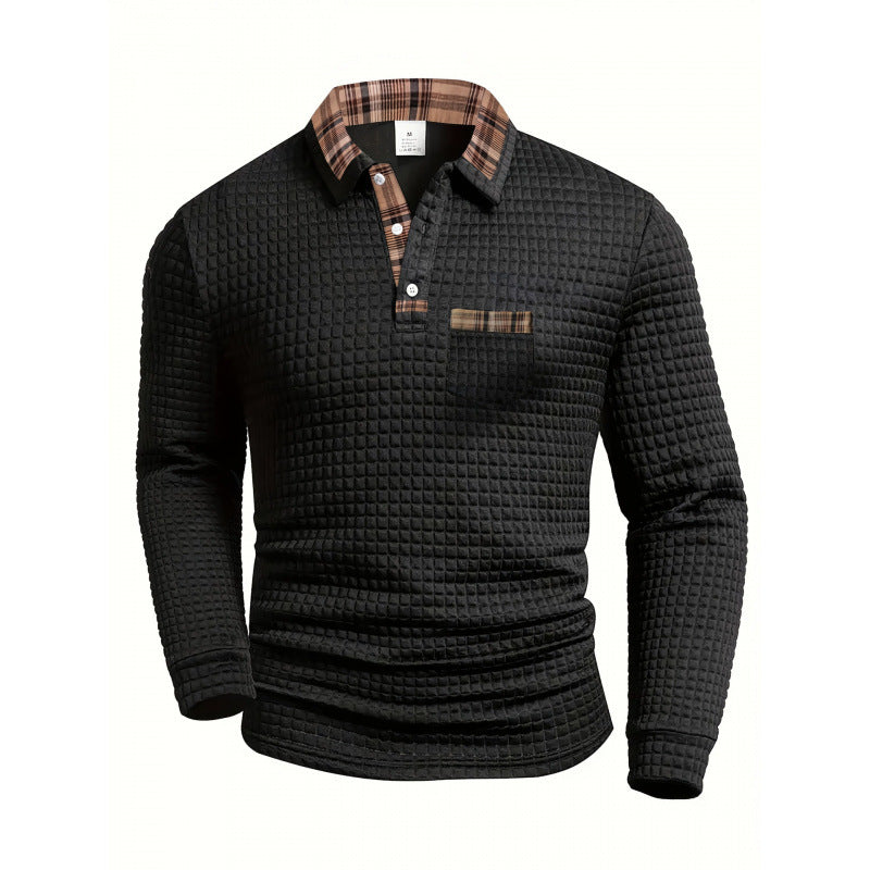 Men's Casual Solid Color Patchwork Pocket Collar Long Sleeve Polo Shirt