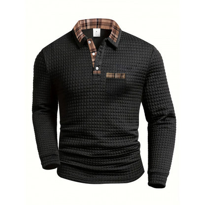 Men's Casual Solid Color Patchwork Pocket Collar Long Sleeve Polo Shirt