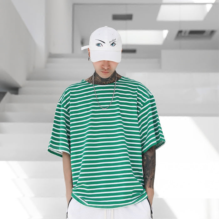 Loose green striped retro BF wind short sleeve