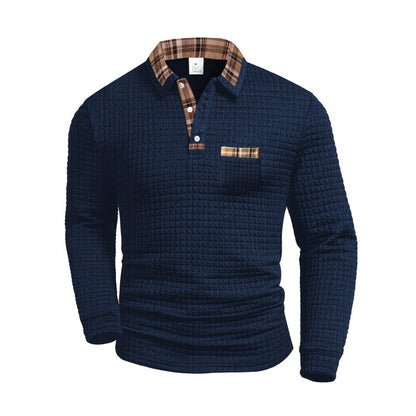 Men's Casual Solid Color Patchwork Pocket Collar Long Sleeve Polo Shirt