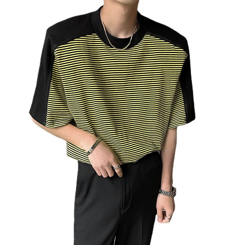 Men's Loose Striped Stitching Short Sleeve T-shirt With Shoulder Pads