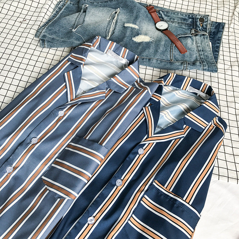 Contrast striped short sleeve loose shirt