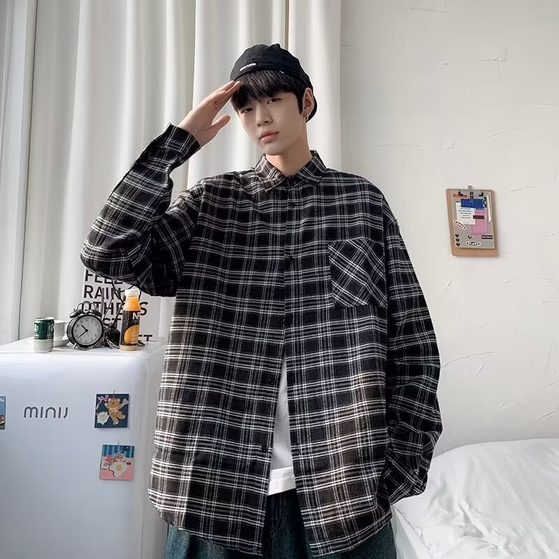 Men's Loose And Casual Black Plaid Long Sleeve Shirt