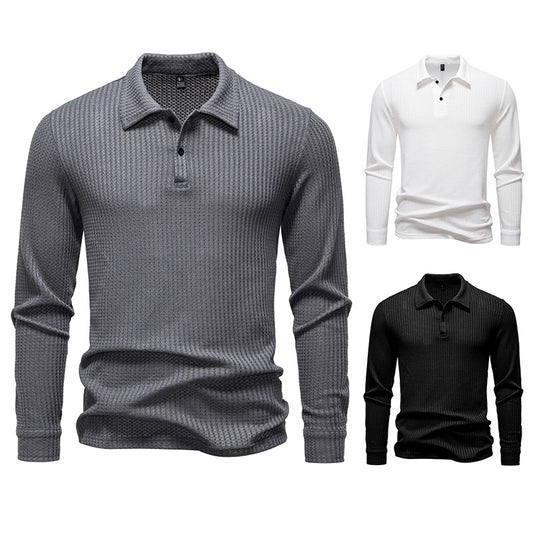 Men's Waffle Check Fabric Long Sleeve Lapel T-shirt