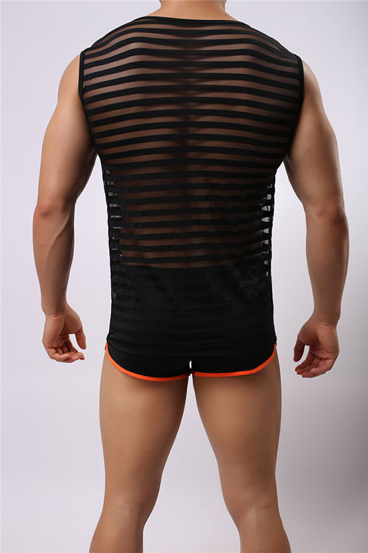 Elastic Nylon Fashion Striped Narrow Back Crew Neck Vest