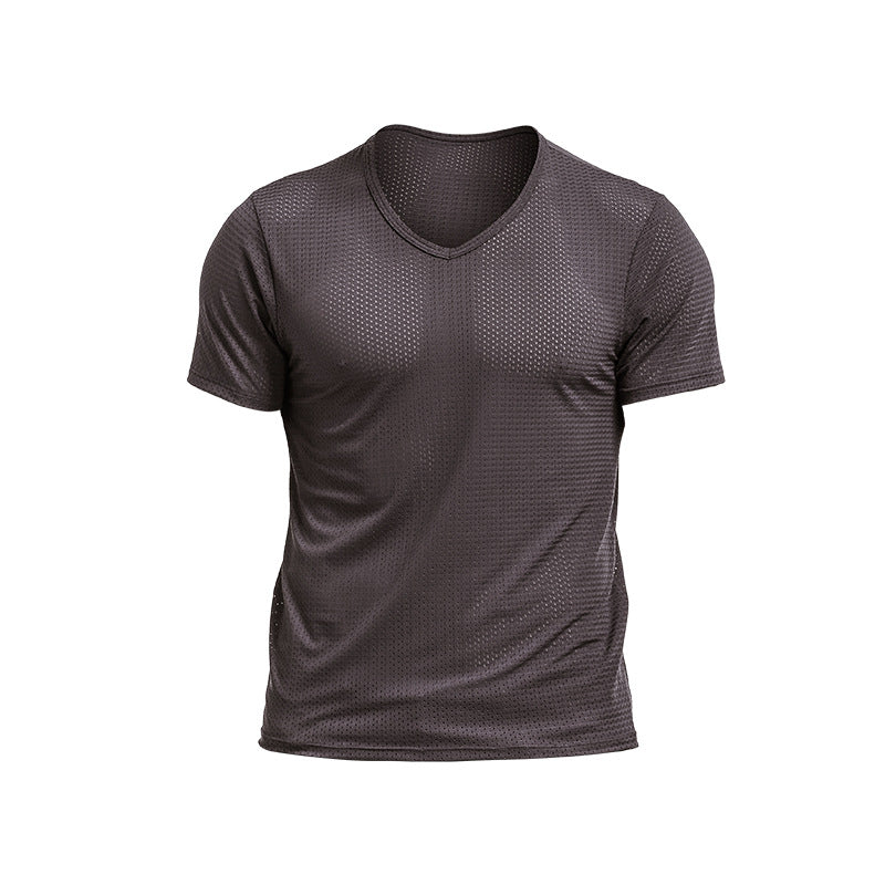 Men's T-shirt Mesh Ice Silk V-neck Solid Color Bottoming Shirt