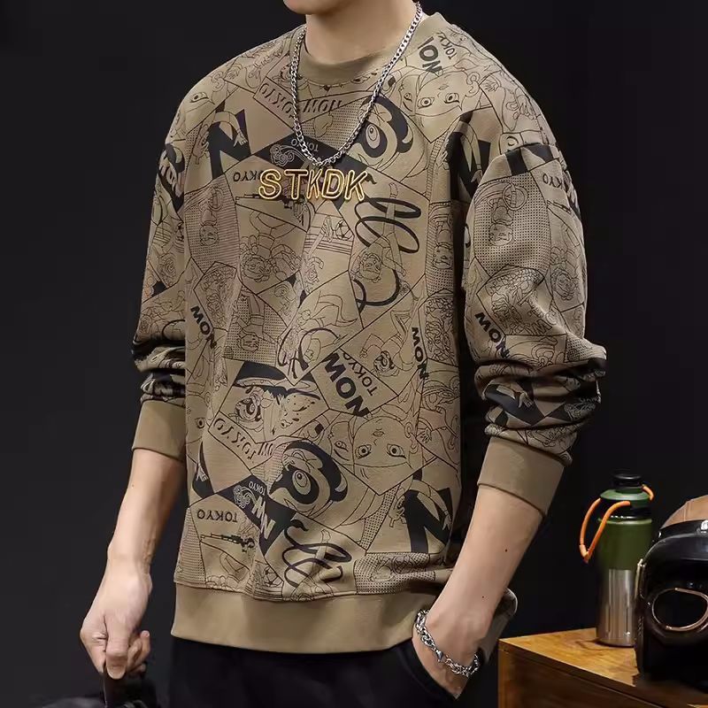 Round Neck Print Sweatshirt Long Sleeve Men's