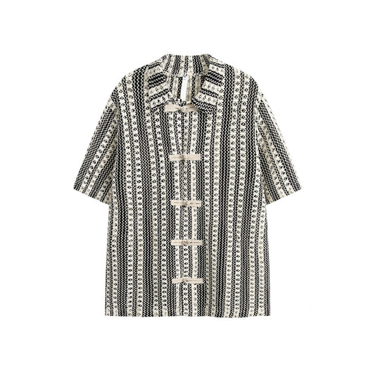 Summer Beige Black Color Stitching Turnover Neck Short Sleeve Shirt