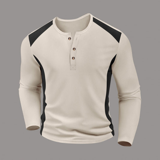 Men's Waffle-Weave Two-Tone Turtleneck Button-Up Long-Sleeve Top
