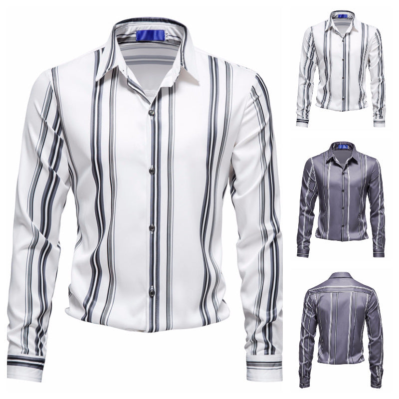 Autumn And Winter Men's Vertical Stripes Printed Long-sleeved Shirt