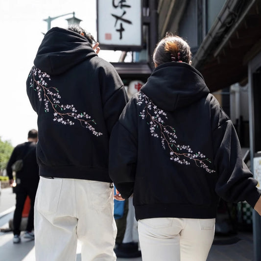 Autumn And Winter Cherry Blossom Hooded Sweater Men And Women Street Hip Hop Retro