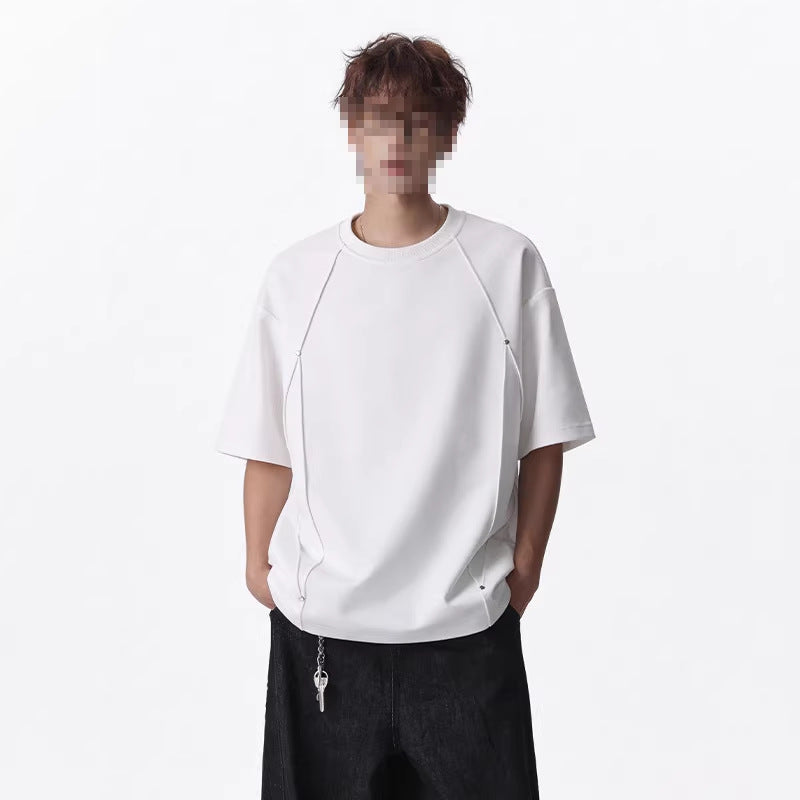 Retro Rivet Patchwork Design, Loose-fit Short Sleeves