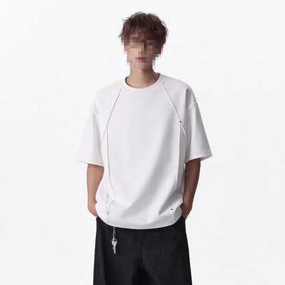 Retro Rivet Patchwork Design, Loose-fit Short Sleeves