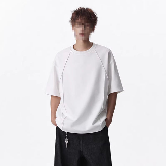 Retro Rivet Patchwork Design, Loose-fit Short Sleeves