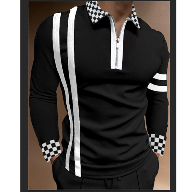 Plaid Color Matching Stitching Casual Long Sleeved T Shirt Top Polo Shirt