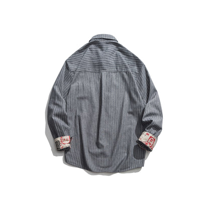 Japanese Retro Vertical Striped Long-sleeved Shirt Men's Trendy Brand Loose Street