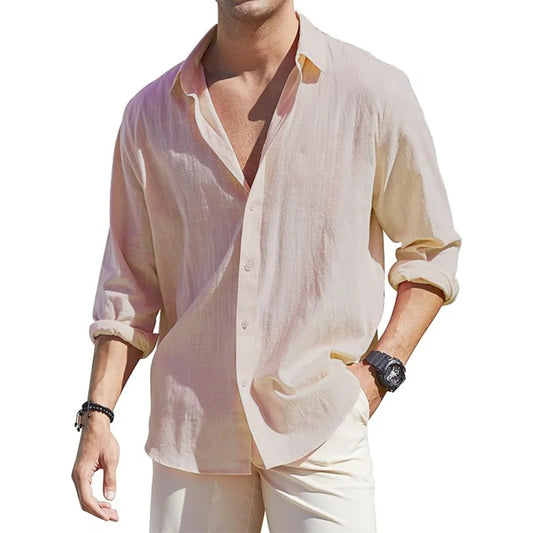 Men's Linen Cardigan Single Row Lapel Long Sleeve Shirt