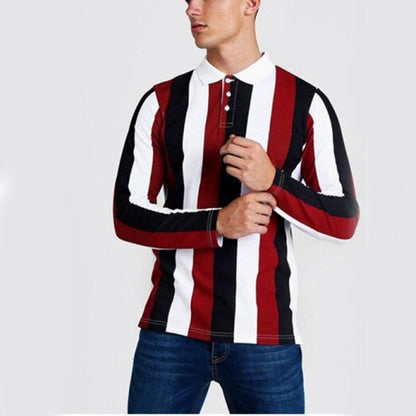 Plaid Color Matching Stitching Casual Long Sleeved T Shirt Top Polo Shirt