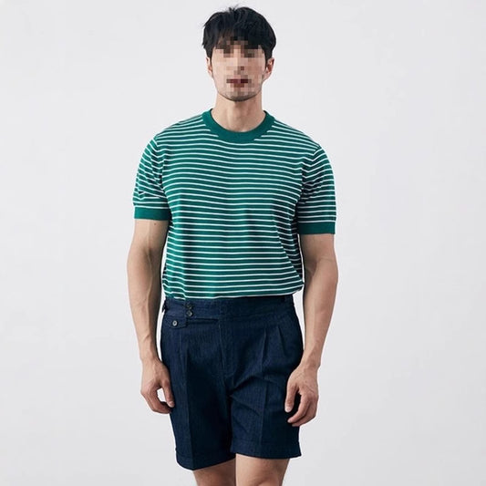 Men's High-grade Casual Striped Round Neck Knitted T-shirt