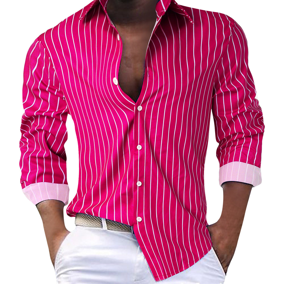 Fall Winter Men Striped Lapel Cardigan Striped Long Sleeve Shirt