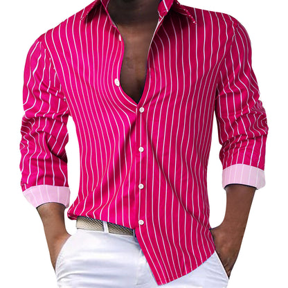 Fall Winter Men Striped Lapel Cardigan Striped Long Sleeve Shirt