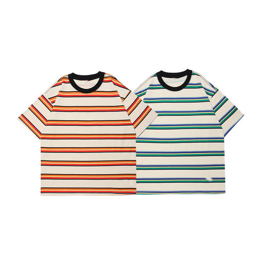 Retro Striped Short-sleeved T-shirt Men's Street Loose